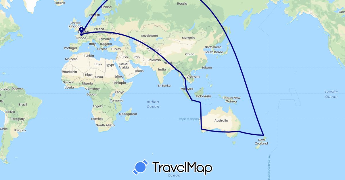 TravelMap itinerary: driving in Australia, Bangladesh, France, Indonesia, Myanmar (Burma), Malaysia, Nepal, New Zealand, Thailand (Asia, Europe, Oceania)